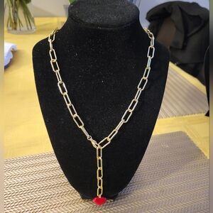 18K Real Gold Plated Paper Clip Chain Necklace with Red Heart Pendant